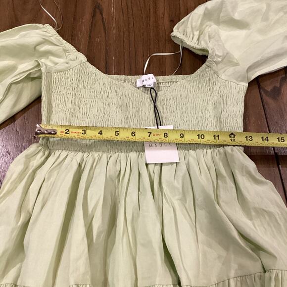 Mable Emory Smocked Ruffle Babydoll cotton mini dress NWT light green olive S - Picture 9 of 10